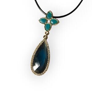 Teal crystal flower drop pendant necklace, waxed black cotton cord